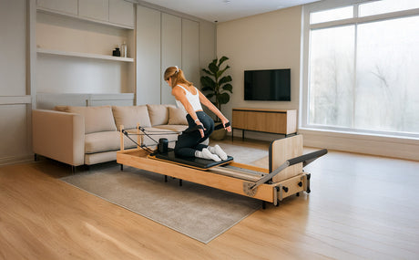 Una donna che utilizza un reformer per pilates in un salotto moderno, con pareti chiare e un divano beige elegante