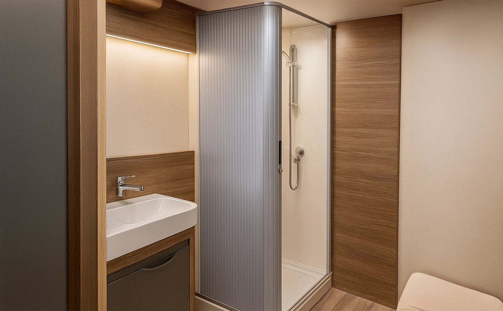 Doccia a serrandina in un bagno di camper, con pareti in legno chiaro, lavabo bianco e dettagli moderni, ideale per spazi ridotti