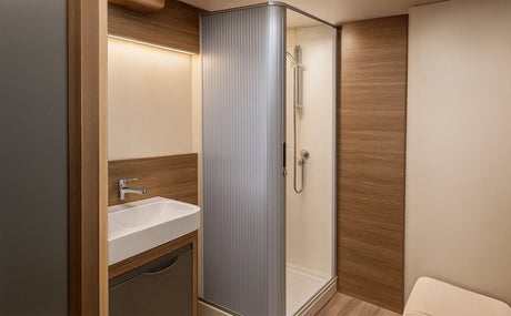 Doccia a serrandina in un bagno di camper, con pareti in legno chiaro, lavabo bianco e dettagli moderni, ideale per spazi ridotti