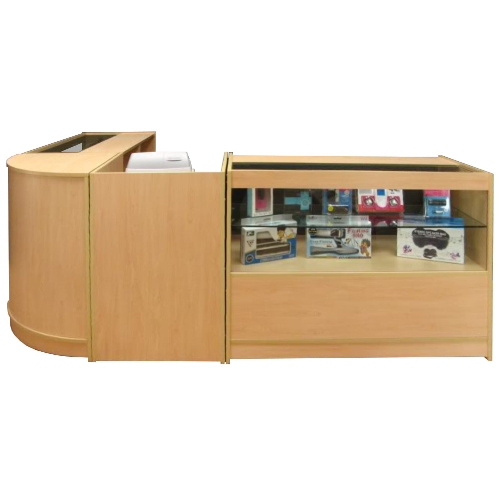 Bancone Cosmo in legno chiaro, con ripiano in vetro e spazio espositivo per prodotti, design elegante e curvilineo