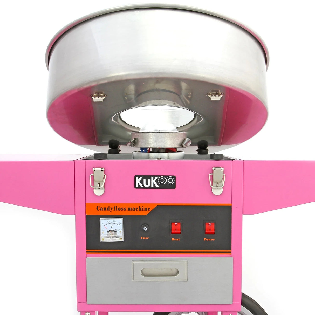 Macchina per zucchero filato retrò rosa con carrello, struttura in acciaio inox, dettagli in metallo e grande ciotola lucida superiore