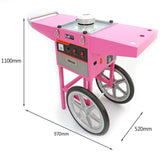 Macchina per zucchero filato retrò rosa con carrello, struttura in acciaio inox, ruote grigie e dettagli eleganti, altezza 110 cm