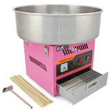 Macchina per zucchero filato di colore rosa con ciotola in acciaio inox, inclusi bastoncini e accessori per la preparazione