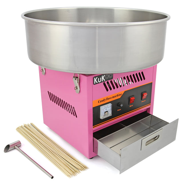 Macchina per zucchero filato di colore rosa con ciotola in acciaio inox, inclusi bastoncini e accessori per la preparazione