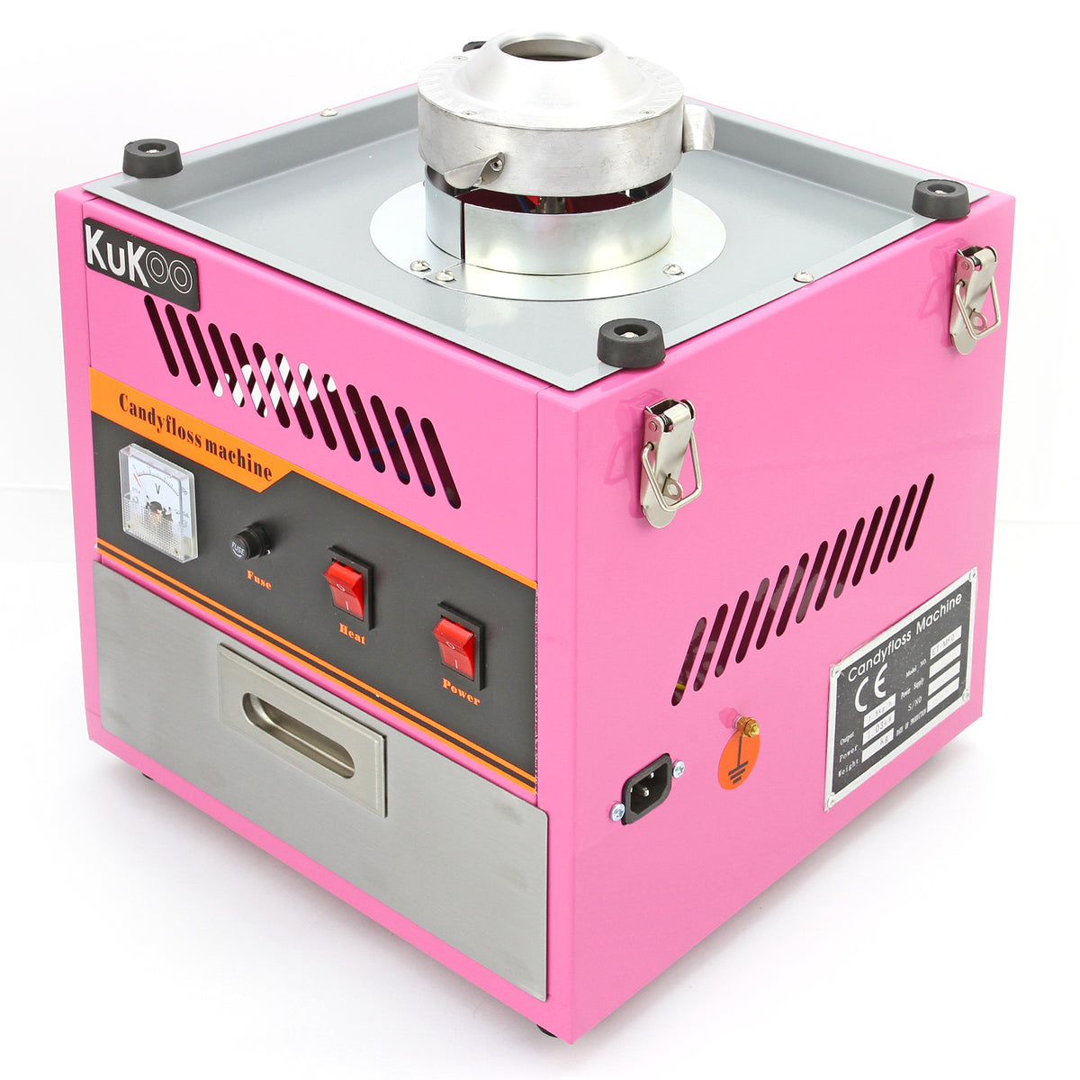 Macchina per zucchero filato KuKoo, colore rosa brillante, con pannello di controllo, maniglie e dettagli metallici lucidi