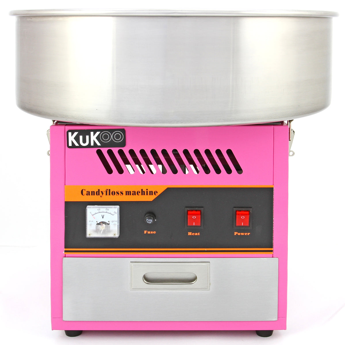 Macchina per zucchero filato KuKoo, con struttura rosa brillante, grande ciotola in acciaio inox e pannello di controllo con manopole rosse