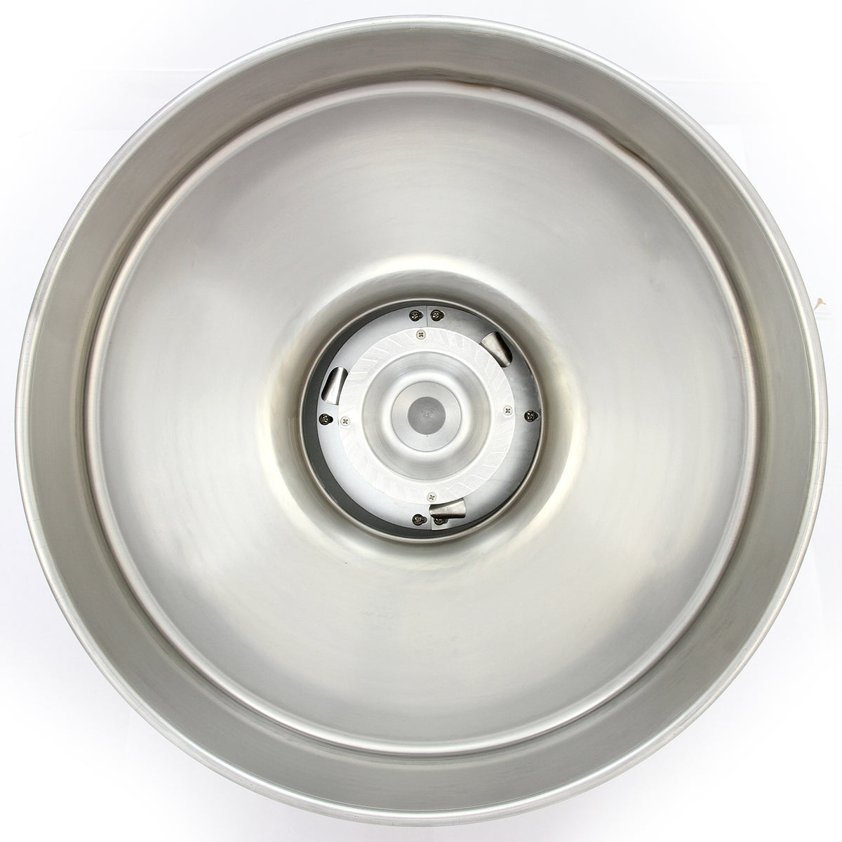 Ciotola in acciaio inox lucido con un design circolare, evidenziando il motore centrale e una superficie liscia e riflettente