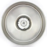 Ciotola in acciaio inox lucido con un design circolare, evidenziando il motore centrale e una superficie liscia e riflettente