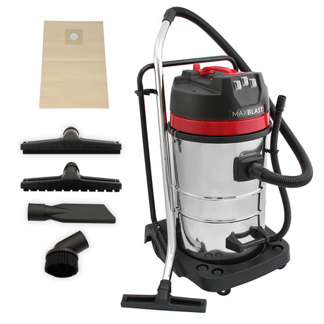 Aspirapolvere MaxBlast in acciaio inox lucido con accessori neri, sacchetto di carta e tubi flessibili per pulizia efficace