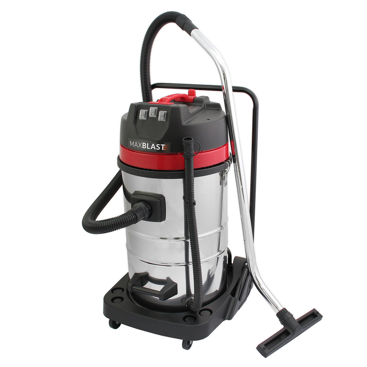 Aspirapolvere MaxBlast con corpo in acciaio inox lucido, manico ergonomico, tubo flessibile nero e accessori per pulizia versatile