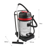 Aspirapolvere MaxBlast con corpo in acciaio lucido, dettagli rossi, tubo flessibile e accessori per una pulizia efficiente e versatile