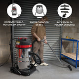 Aspirapolvere professionale con motore da 3000 W, serbatoio da 80 L, tubo metallico e accessori per pulizia versatili