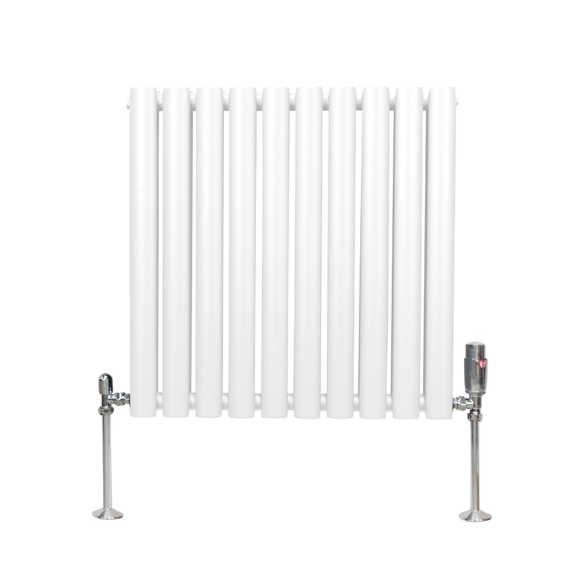 Radiatore a colonna ovale e valvole cromate TRV - 600 mm x 600 mm - Bianco