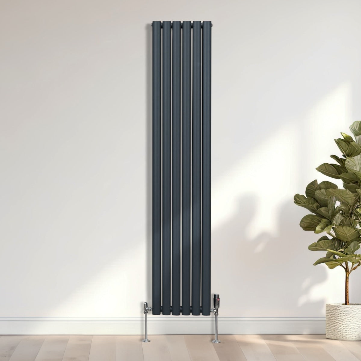 Radiatore a colonna ovale e valvole cromate TRV - 1800mm x 360mm - Grigio antracite