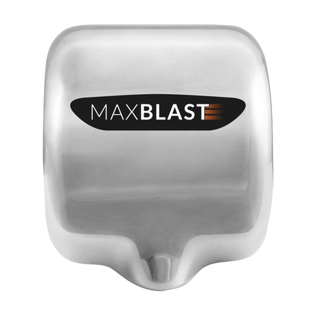 Asciugamani elettrico MaxBlast in acciaio inossidabile lucido con logo nero e arancione, design moderno e compatto