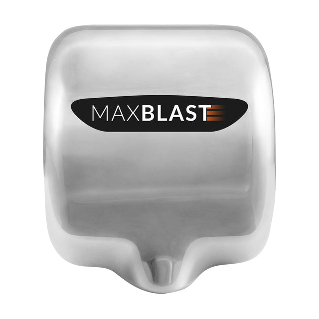 Asciugamani elettrico MaxBlast in acciaio inossidabile lucido con logo nero e arancione, design moderno e compatto