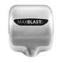 Asciugamani elettrico MaxBlast in acciaio inossidabile lucido con logo nero e arancione, design moderno e compatto