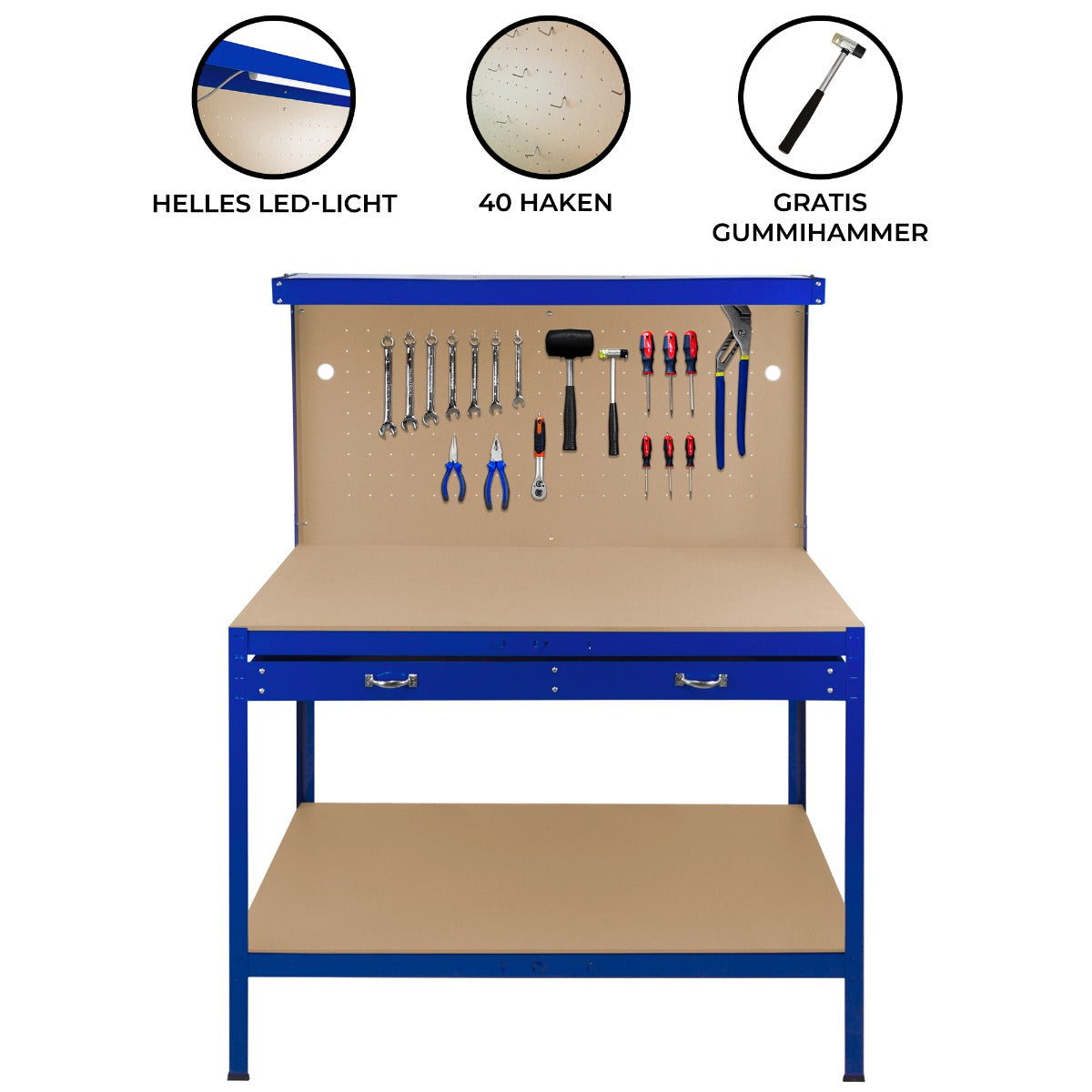 Banco da lavoro con bacheca, cassetto e luce - Blu