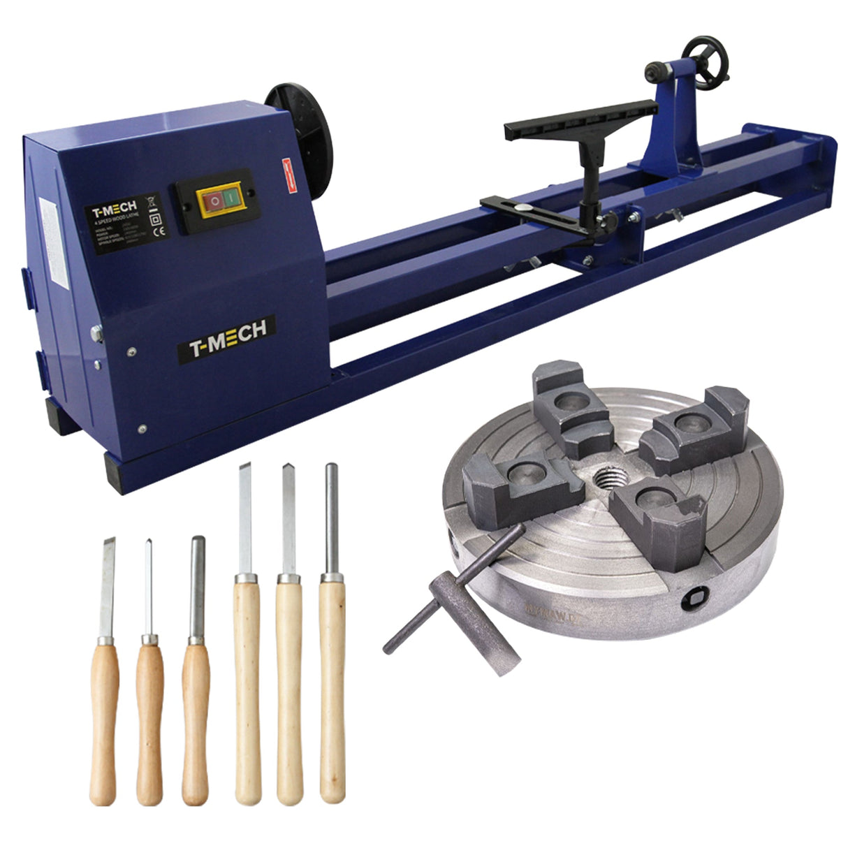 Tornio da Banco per Legno con Mandrino a 4 Ganasce e Set di 6 Scalpelli – Motore 400W