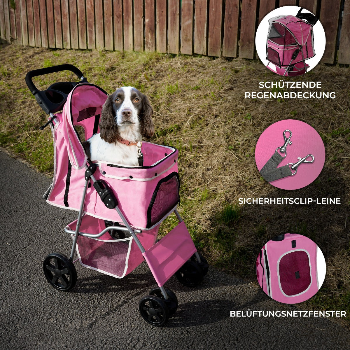 Passeggino per Animali Domestici con Parapioggia – Rosa