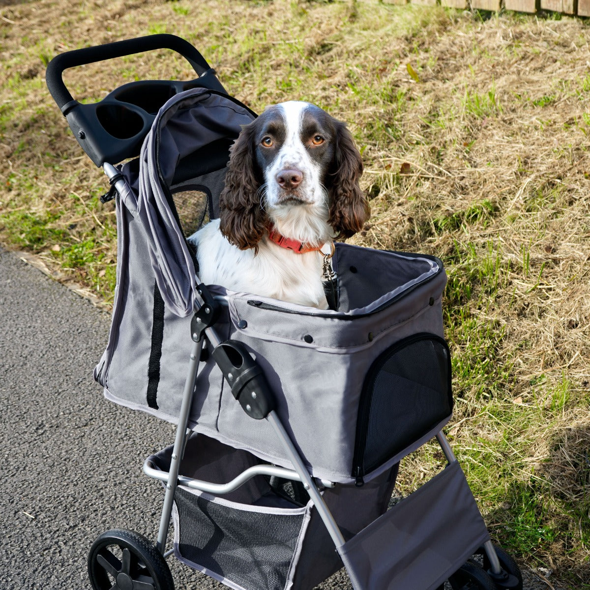 Passeggino per Animali Domestici con Parapioggia – Grigio