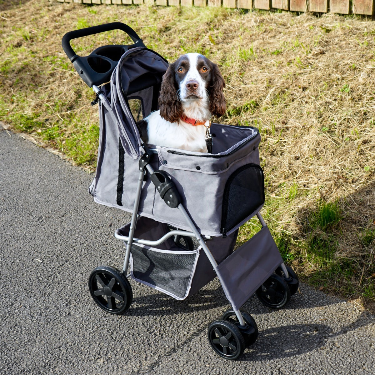 Passeggino per Animali Domestici con Parapioggia – Grigio