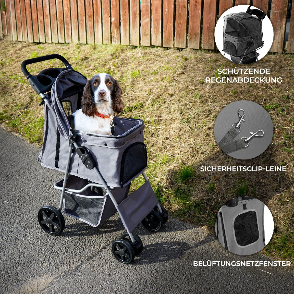 Passeggino per Animali Domestici con Parapioggia – Grigio