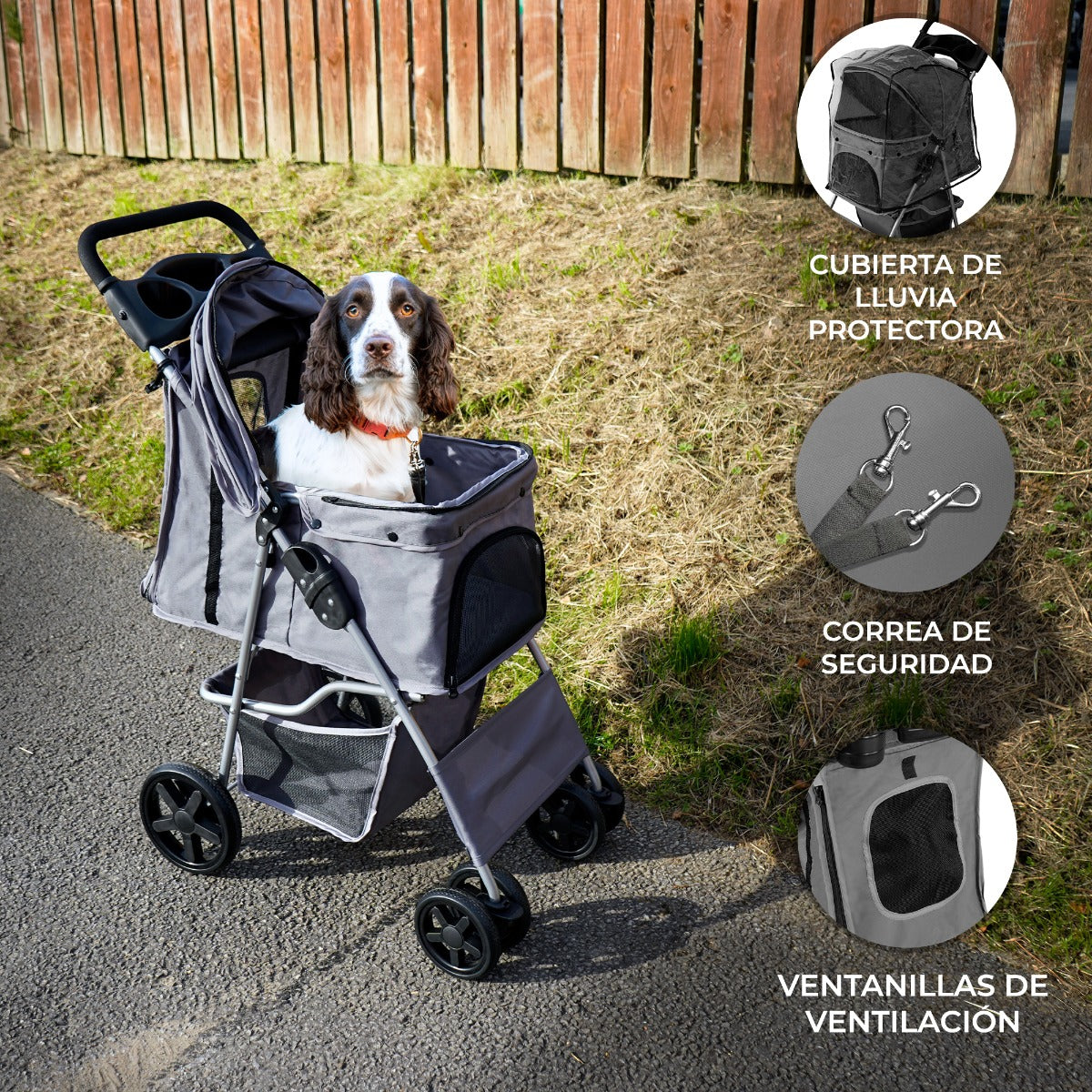 Passeggino per Animali Domestici con Parapioggia – Grigio