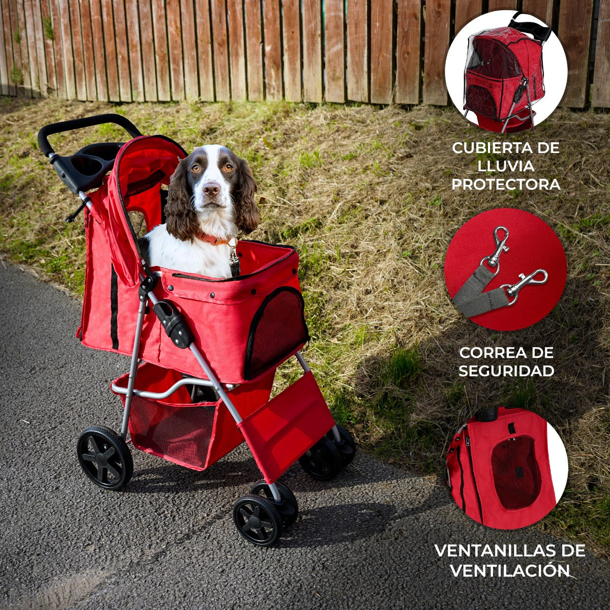 Passeggino per Animali Domestici con Parapioggia – Rosso