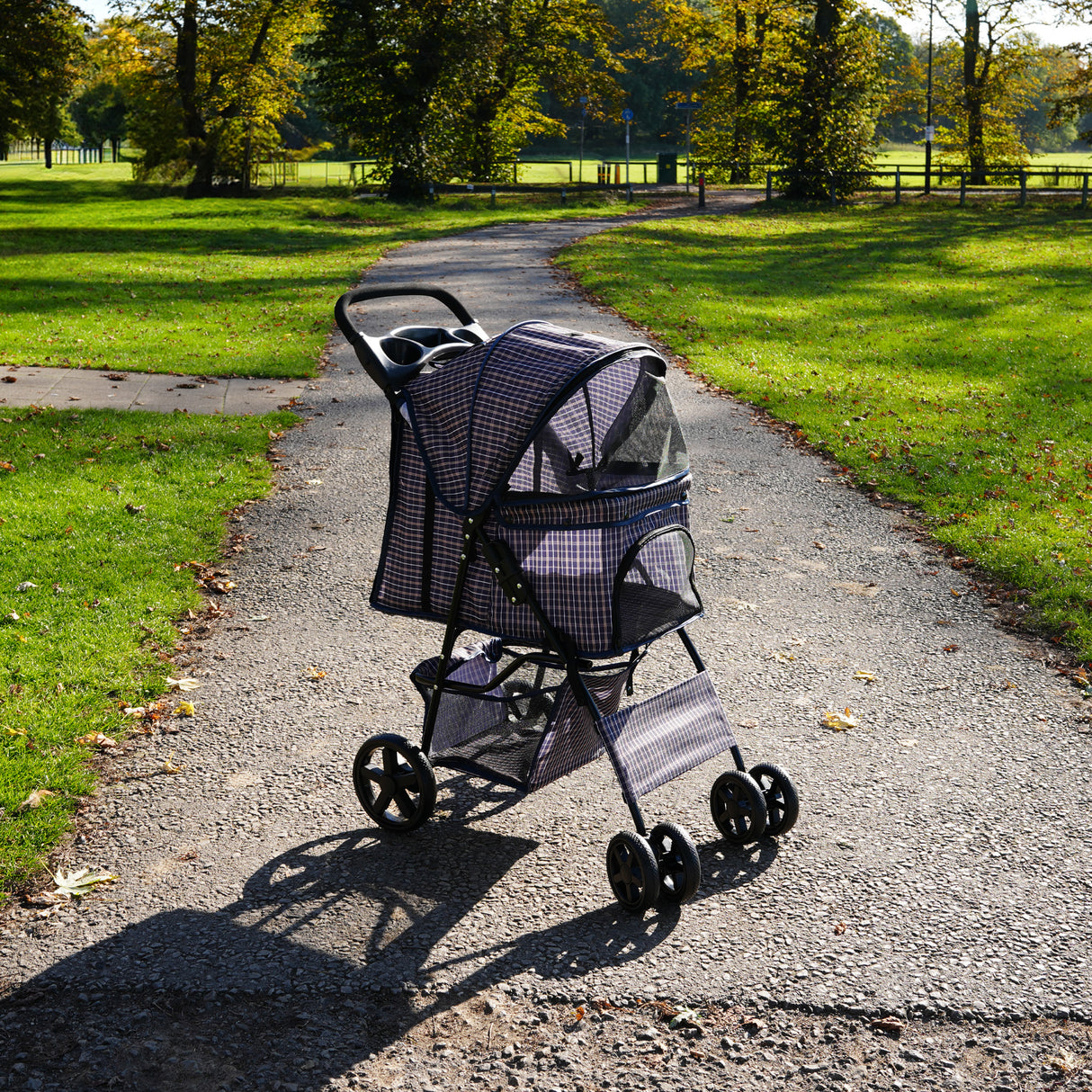 Passeggino per Animali con Copertura Antipioggia – Blu Tartan