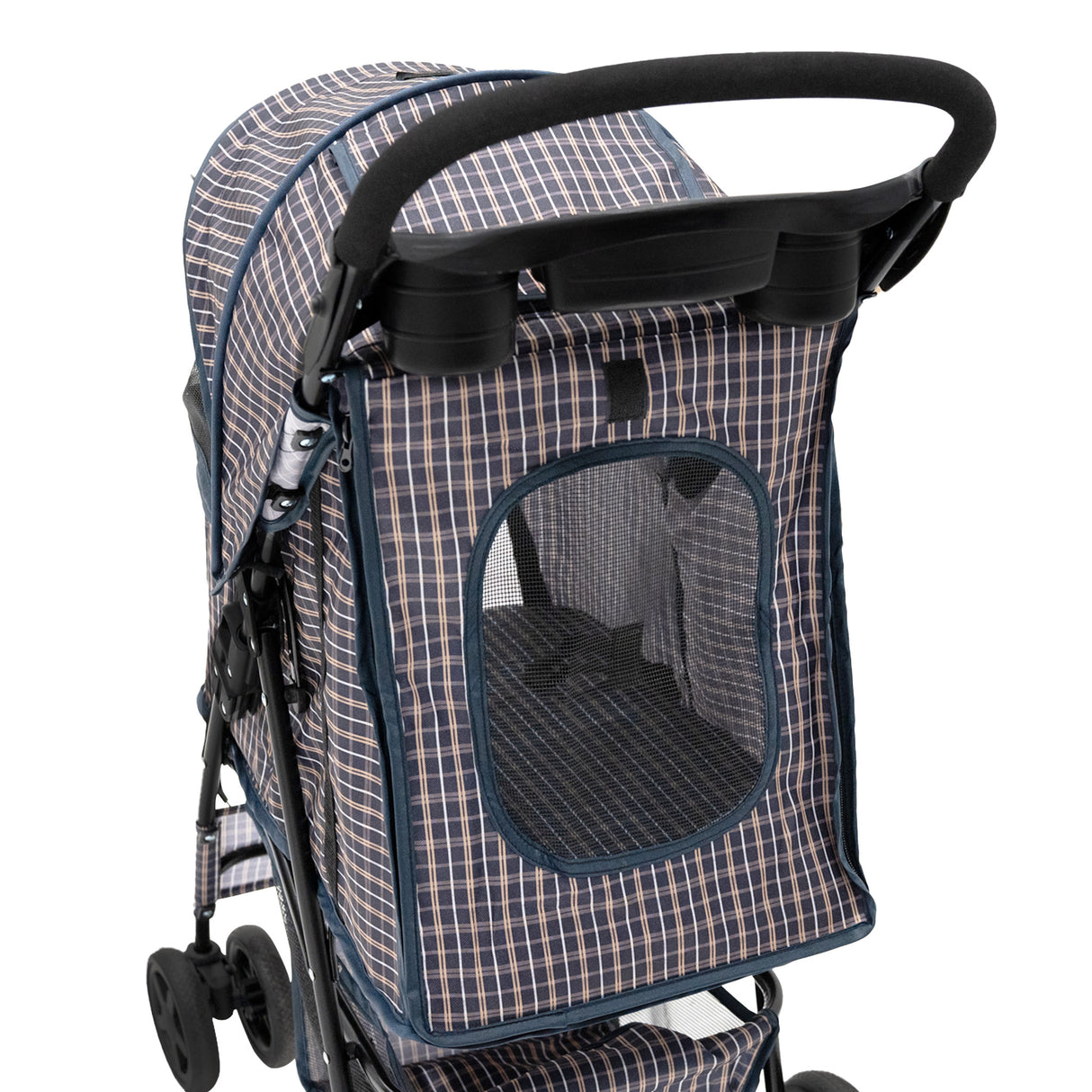 Passeggino per Animali con Copertura Antipioggia – Blu Tartan