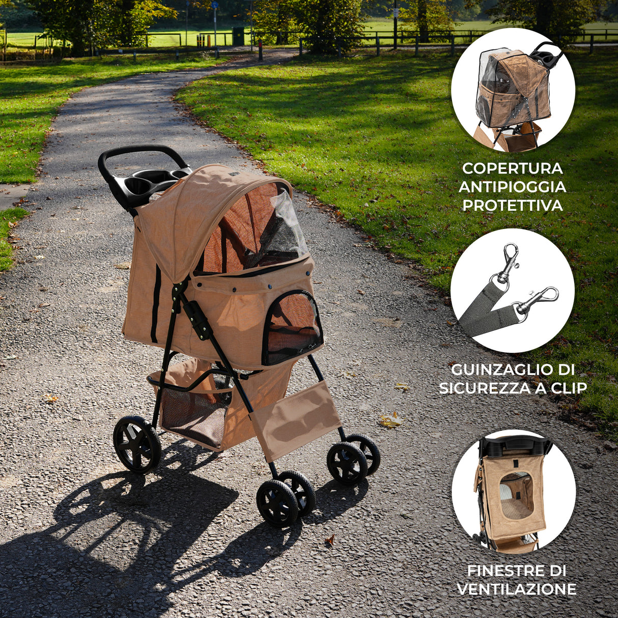 Passeggino per Animali con Copertura Antipioggia – Beige