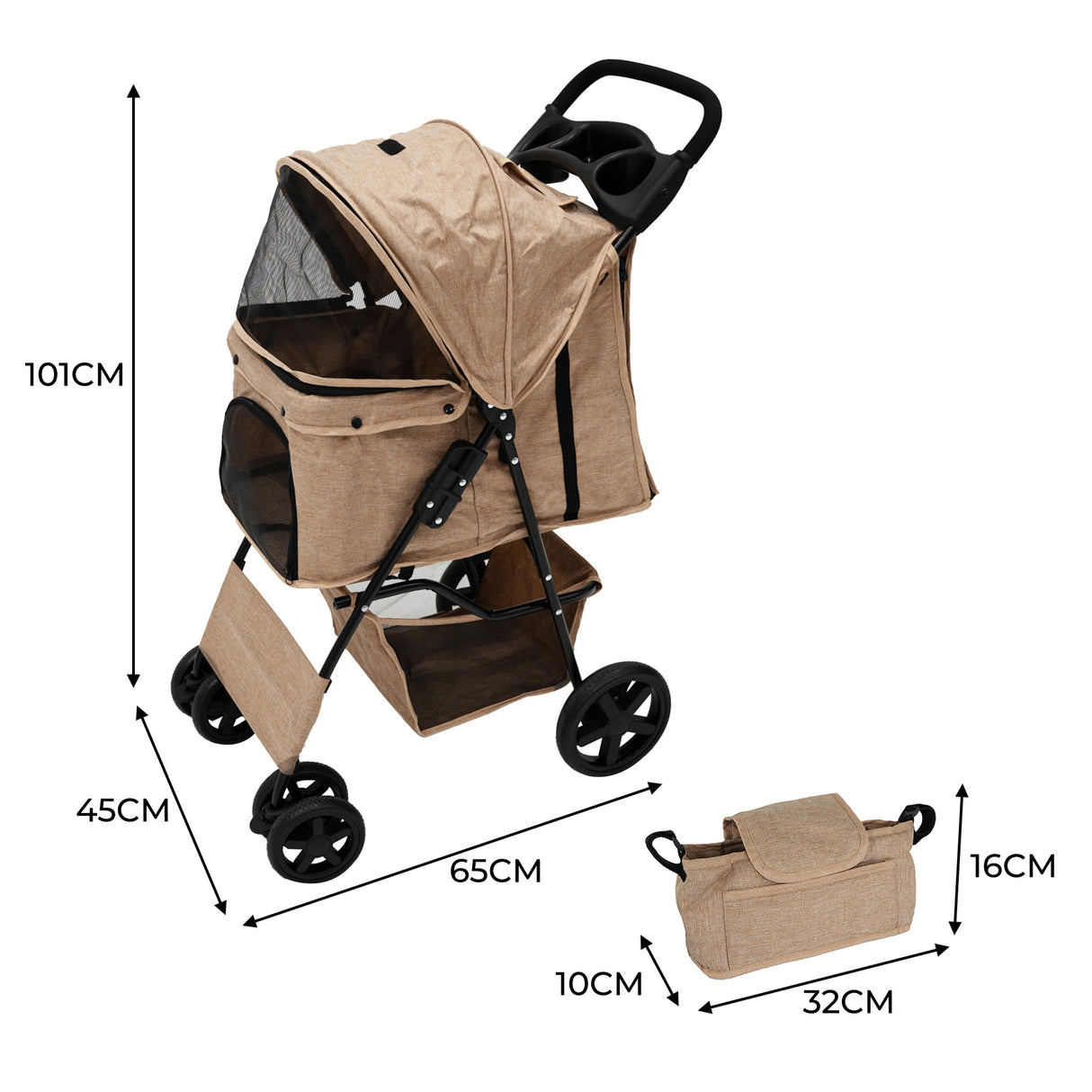 Passeggino per animali con copertura antipioggia e borsa organizer - Beige