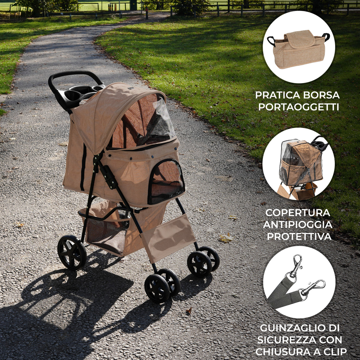 Passeggino per animali con copertura antipioggia e borsa organizer - Beige