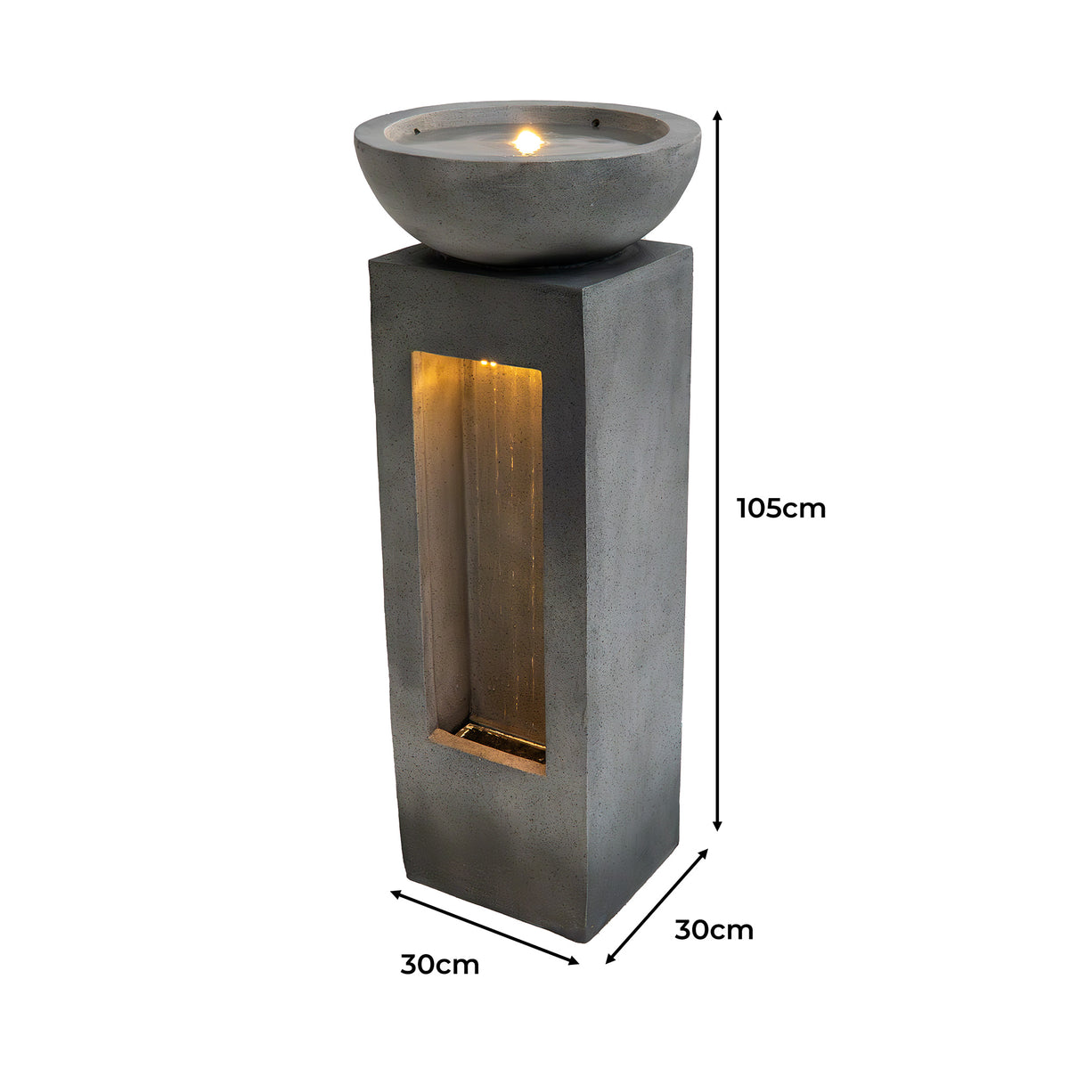 Fontana da giardino in cemento grigio, alta 105 cm, con ciotola superiore per candele e illuminazione interna, design moderno e minimalista