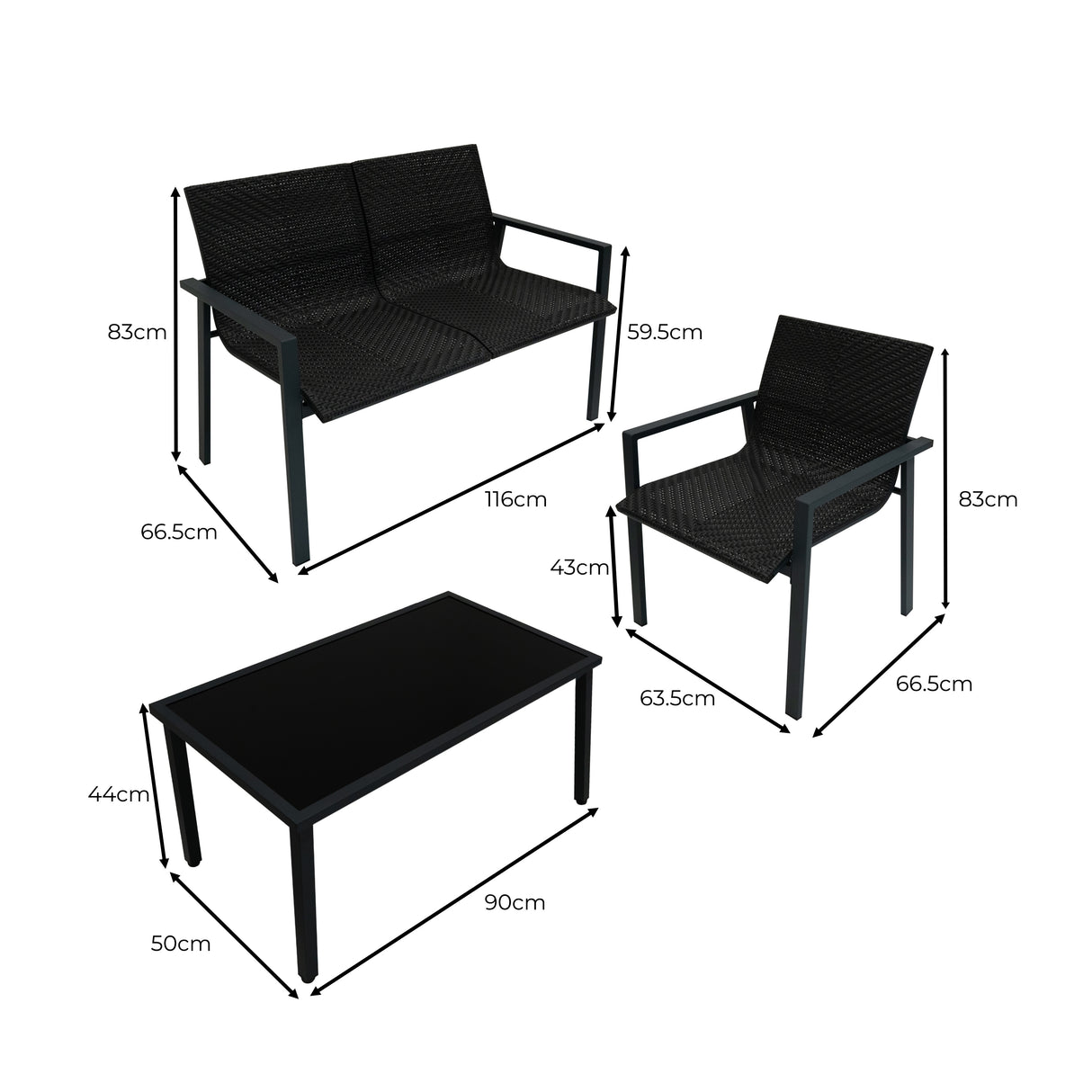 Set Mobili da Giardino in Rattan – 4 Pezzi – Nero