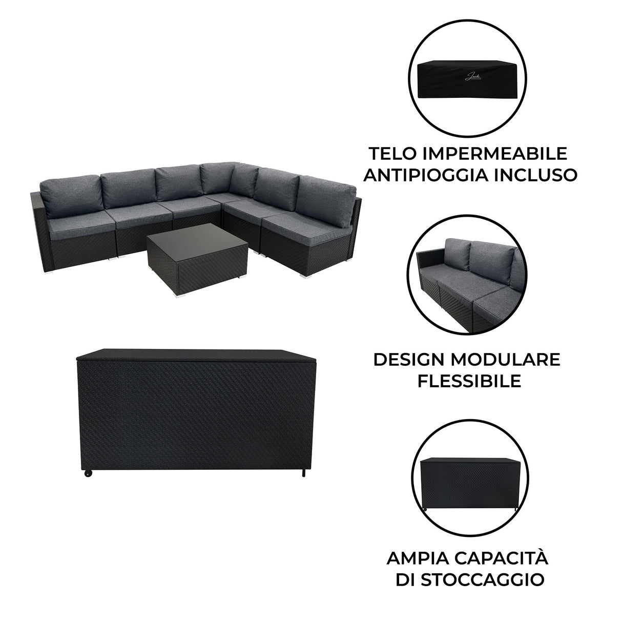 Set Divani Rattan 7 Pezzi con Tavolino & Baule 700L da Giardino - Nero