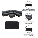 Set Divani Rattan 7 Pezzi con Tavolino & Baule 700L da Giardino - Nero