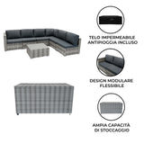 Set Divani Rattan 7 Pezzi con Tavolino & Baule 996L da Giardino - Grigio