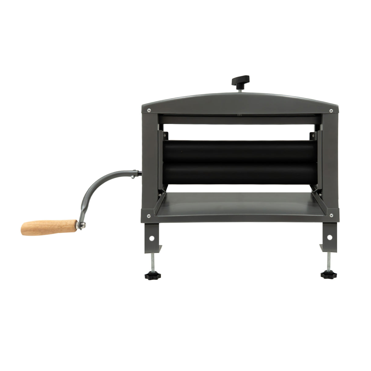 Strizzatore manuale per indumenti in metallo grigio con manico in legno, design robusto e cilindro nero per strizzare efficacemente i tessuti