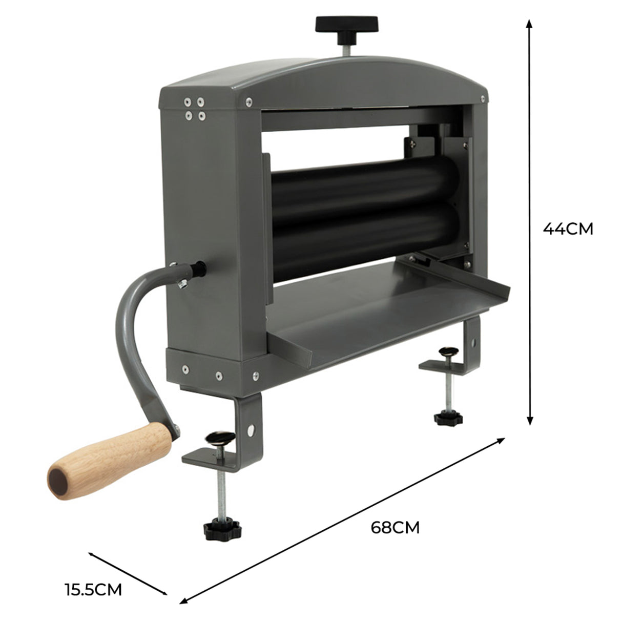 Strizzatore manuale per indumenti in metallo grigio con manico in legno, dimensioni 68 cm di lunghezza e 44 cm di altezza
