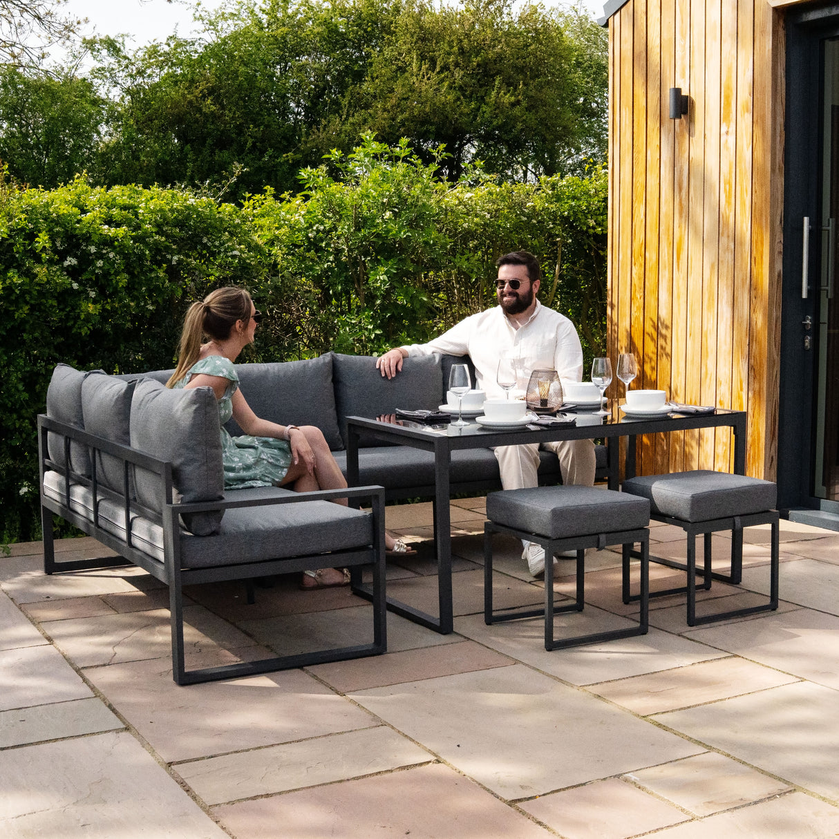 Set Divano Angolare in Alluminio con Cassapanca in Rattan Nero – Grigio Antracite