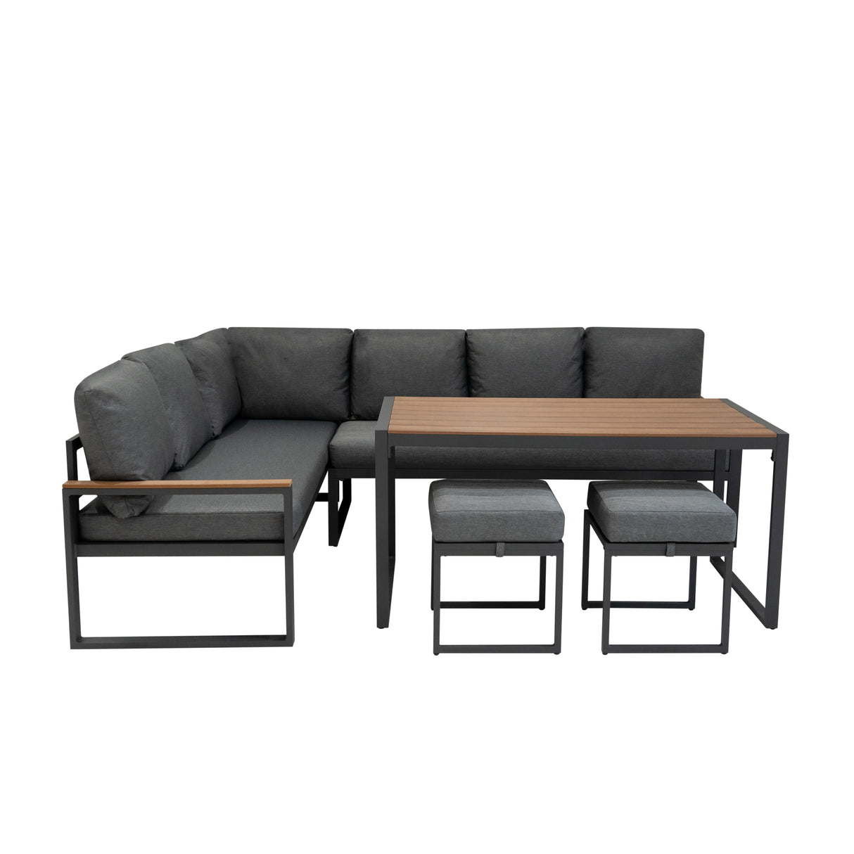 Set Divano Angolare in Alluminio con Cassapanca in Rattan Nero – Effetto Legno