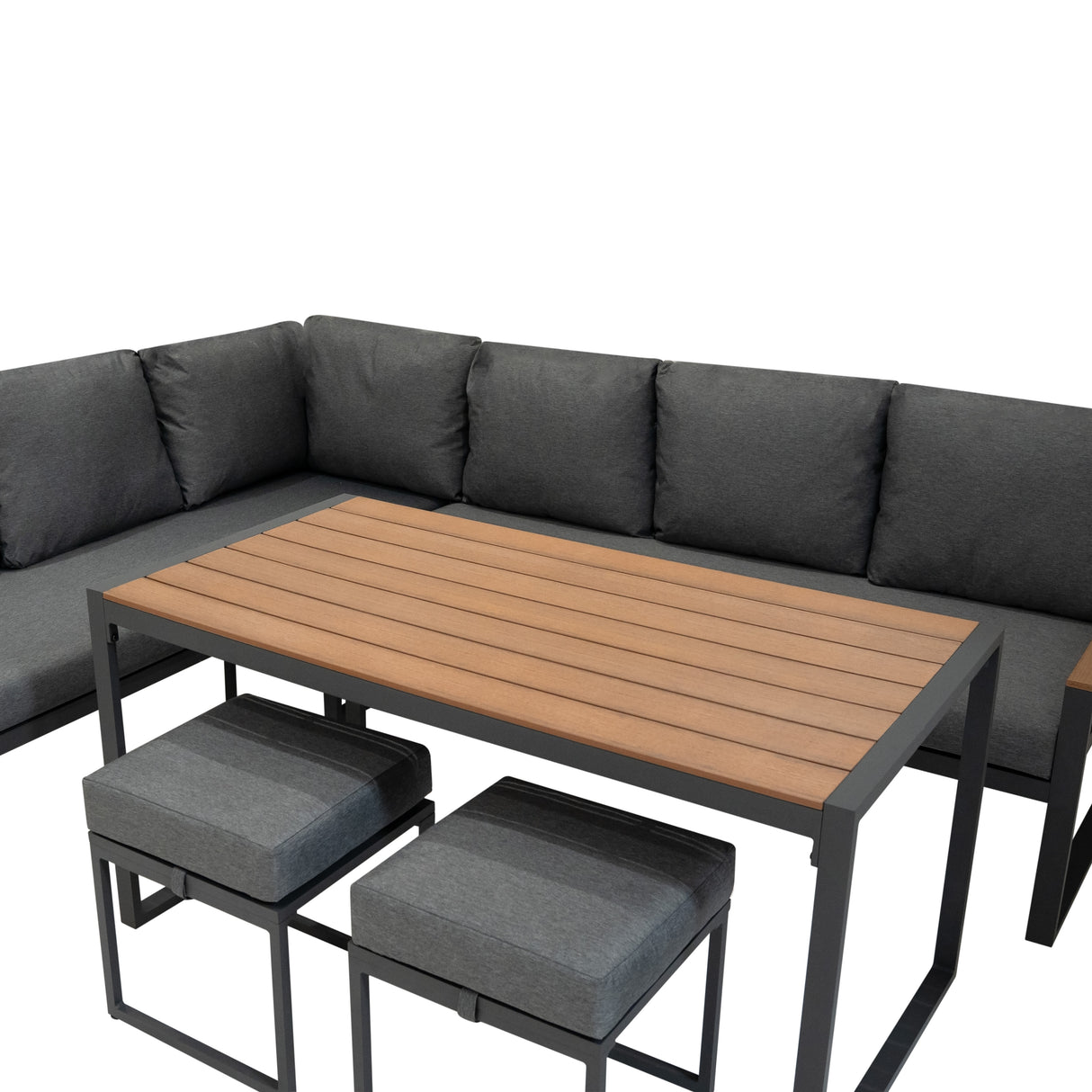 Set Divano Angolare in Alluminio con Cassapanca in Rattan Nero – Effetto Legno
