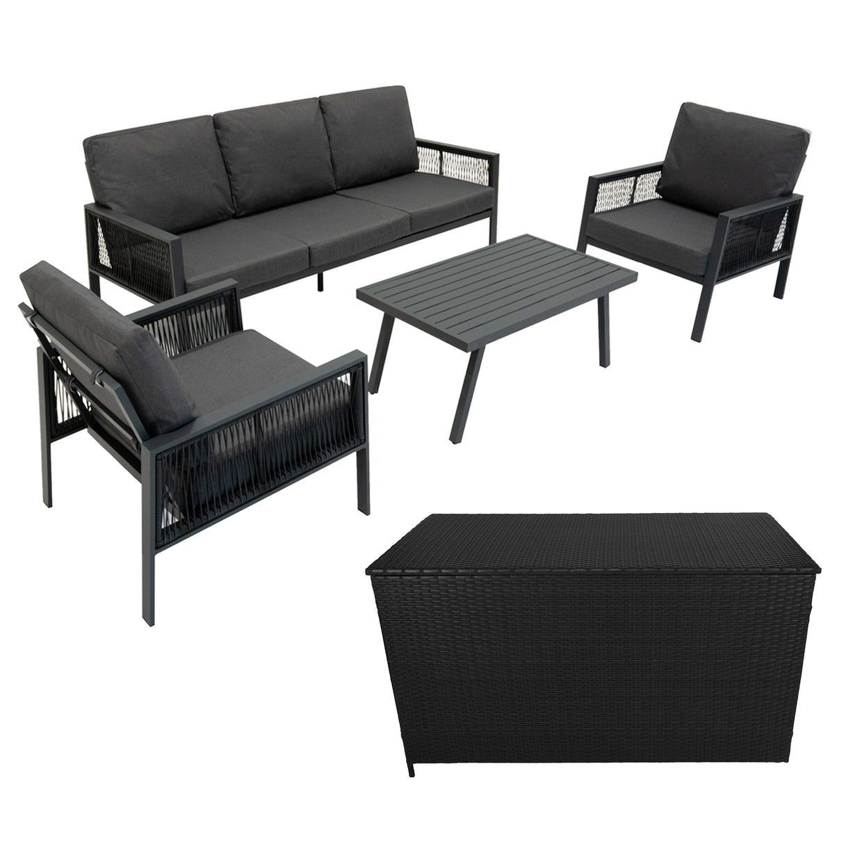 Set da Giardino in Alluminio 4 Pezzi con Cassapanca in Rattan Nero – Grigio Antracite