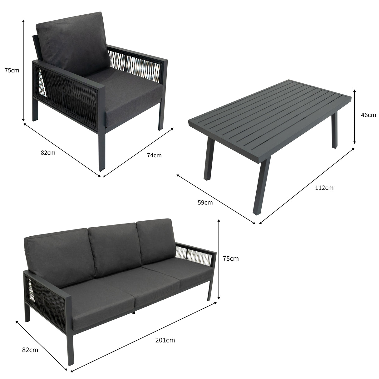 Set da Giardino in Alluminio 4 Pezzi con Cassapanca in Rattan Nero – Grigio Antracite