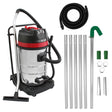 Aspirapolvere industriale 80L in acciaio lucido, dotato di tubo nero da 5 m, kit grondaie e accessori in alluminio per pulizia efficace