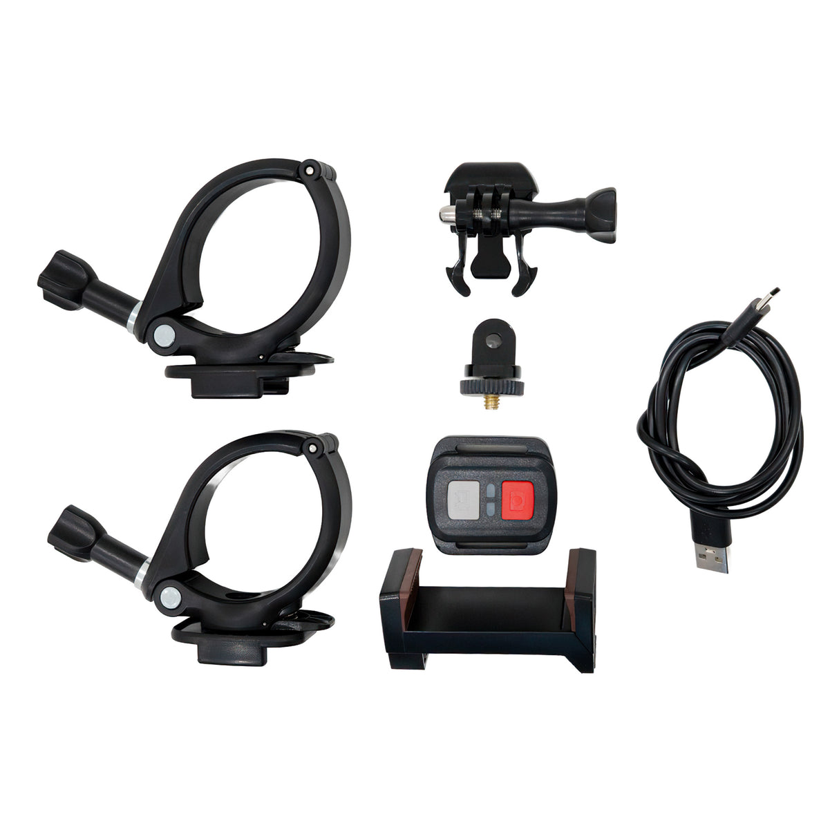 Telecamera per aspiratore grondaie 4K con accessori: supporti neri, telecomando, cavo USB e custodia impermeabile, design compatto e funzionale