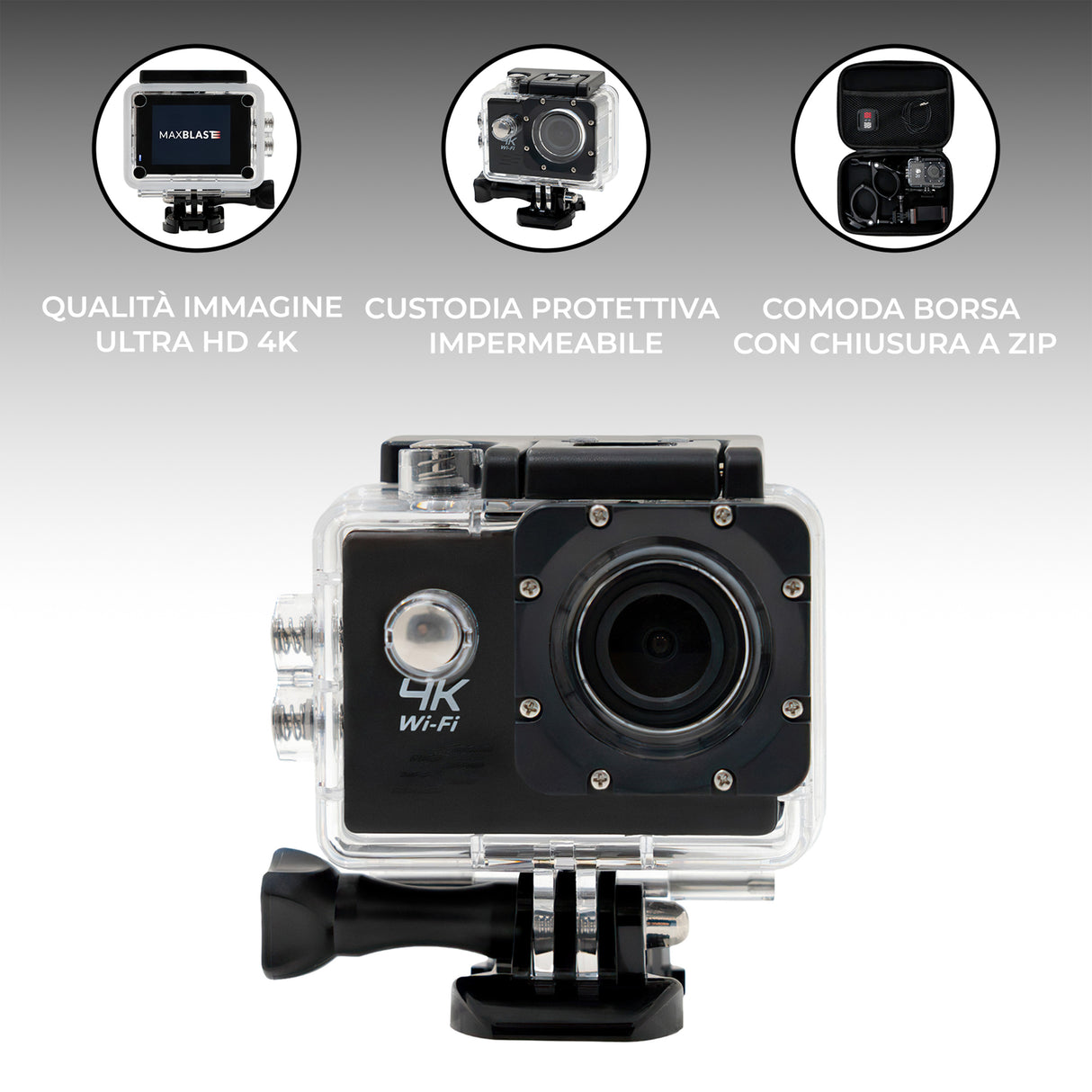 Telecamera 4K con custodia impermeabile, zoom, Wi-Fi, design compatto e moderno, ideale per riprese in esterni e avventure