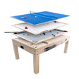 Tavolo multigioco 7-in-1 beige effetto legno, con piani di gioco impilabili per biliardo, ping pong, e altri giochi di società